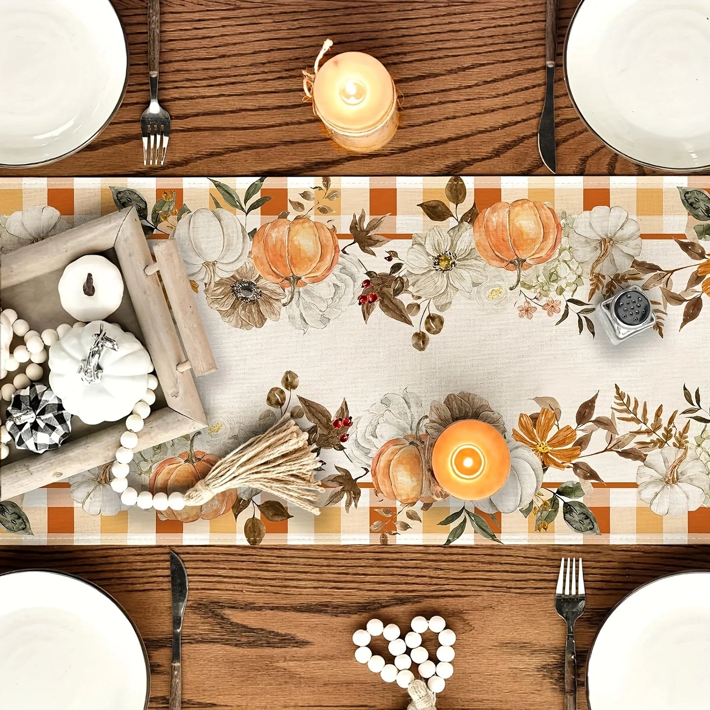 Fall Cucurbit & Maple Leaf Table Runner Checkered Linen Thanksgiving Tablecover with Pumpkins,Autumn Harvest Home Decor