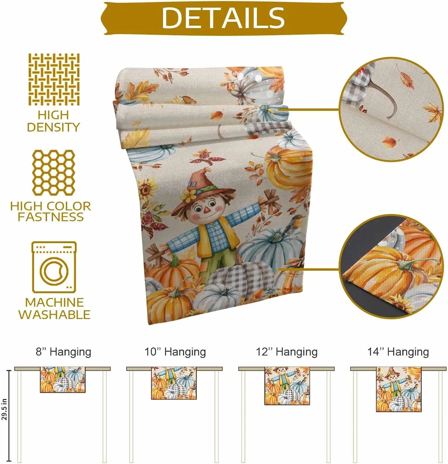 Fall Harvest Pumpkin Straw Man Table Runner Thanksgiving Decoration Washable Autumn  Kitchen Dining Table Runner for Table Decor