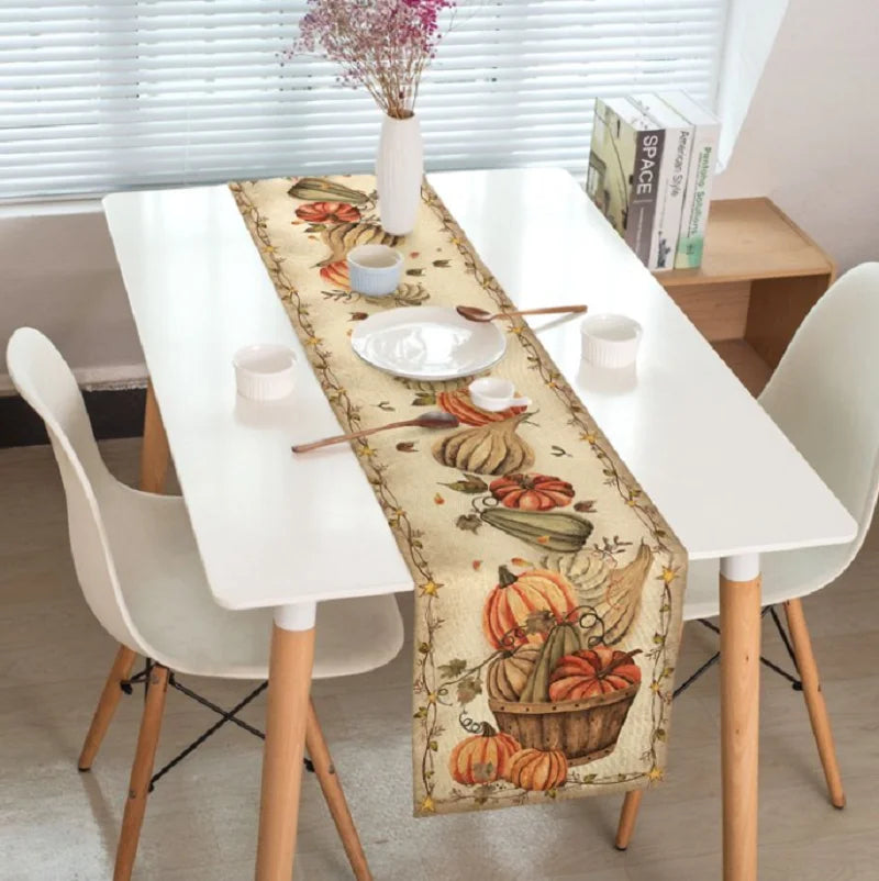 Fall Pumpkin Linen Table Runner, Autumn Harvest Thanksgiving Farmhouse Tabletop Collection, Cute Table Runner For Kitchen Decor