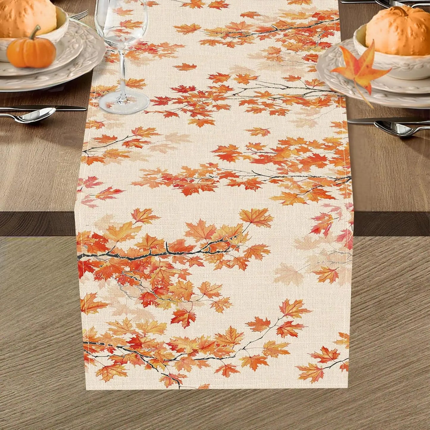 Fall Harvest Branches Maple Leaves Linen Table Runner Party Decor Farmhouse Kitchen Dining Table Runner Thanksgiving Decorations