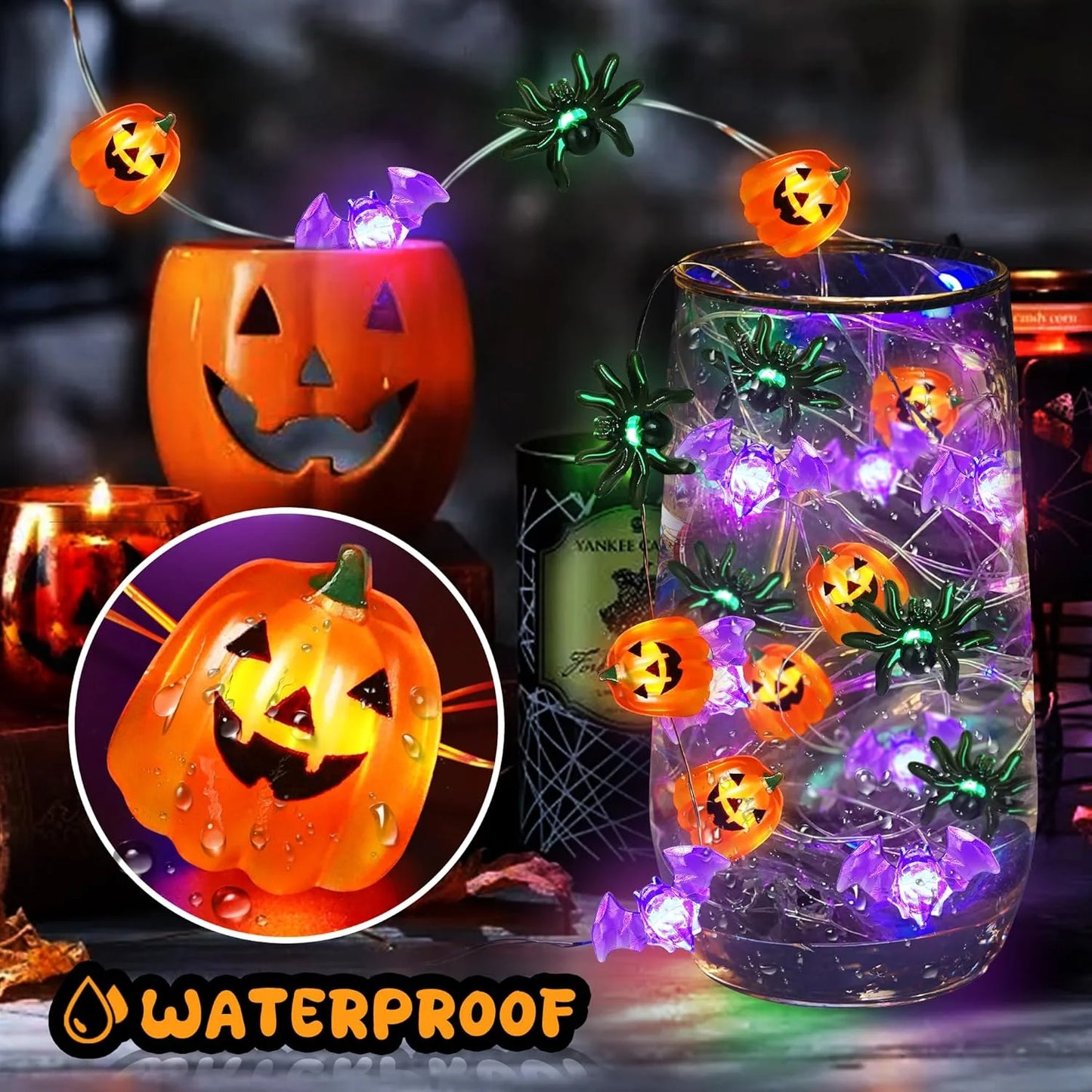 1pc 20/30 LED Halloween Pumpkin Spider Bat String Light Room Hanging Copper Wire Faiy Lamp For Home Scene Party Halloween Decor