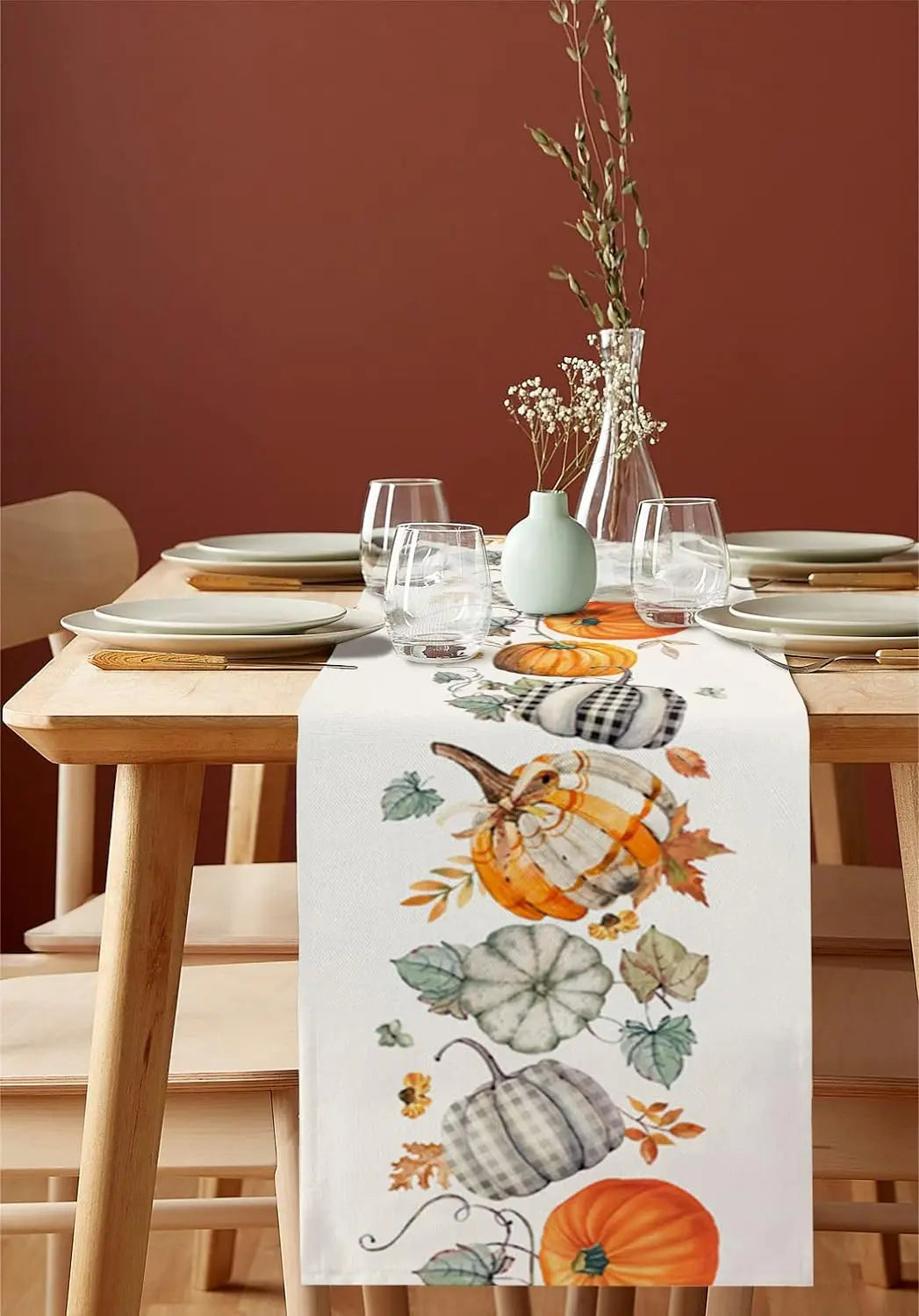 Autumn Pumpkins Maple Leaves Linen Table Runner for Table Decoration Fall Thanksgiving Harvest Table Runners Wedding Party Decor
