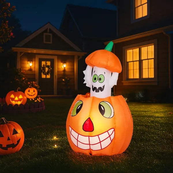 2.8 FT Halloween Inflatables Animated Pumpkin Ghost, Outdoor Decorations Blow Up Yard Decor With Built-in LEDs For Lawn Decor