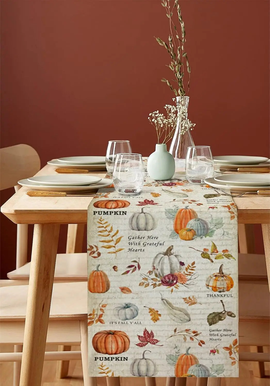 Fall Thanksgiving Pumpkin Maple Leaves Linen Table Runner Farmhouse Harvest Rustic Kitchen Dining Table Runner Party Decorations