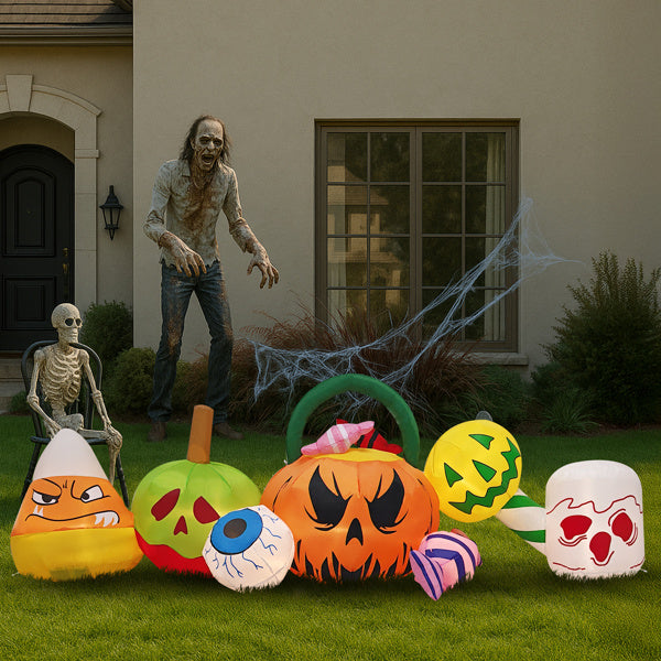 8FT Long Halloween Inflatables Pumpkins Eyeball Candy Outdoor Decorations, Blow Up Yard Decoration With Built-in LEDs