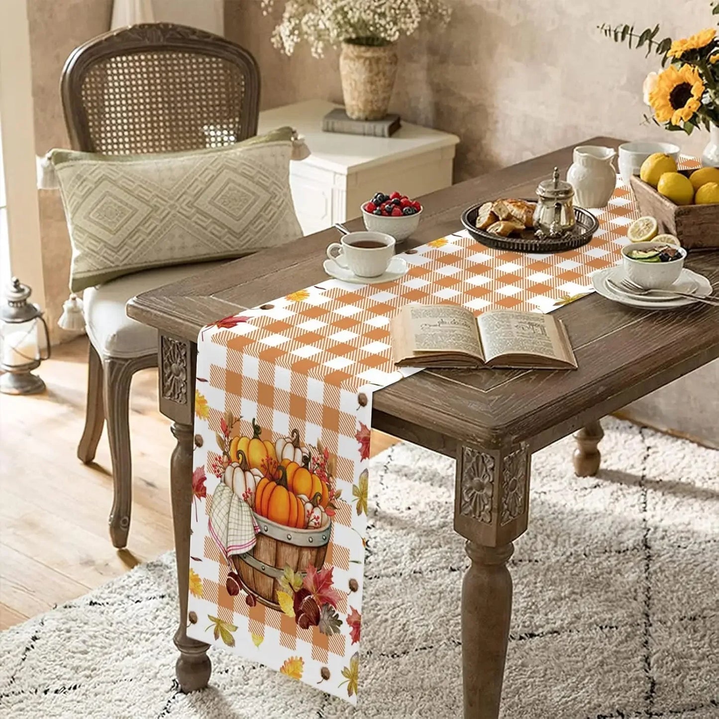 Fall Harvest Thanksgiving Pumpkin Table Runner Table Decor Autumn Maple Leaf Buffalo Plaid Table Runners Home Party Decor