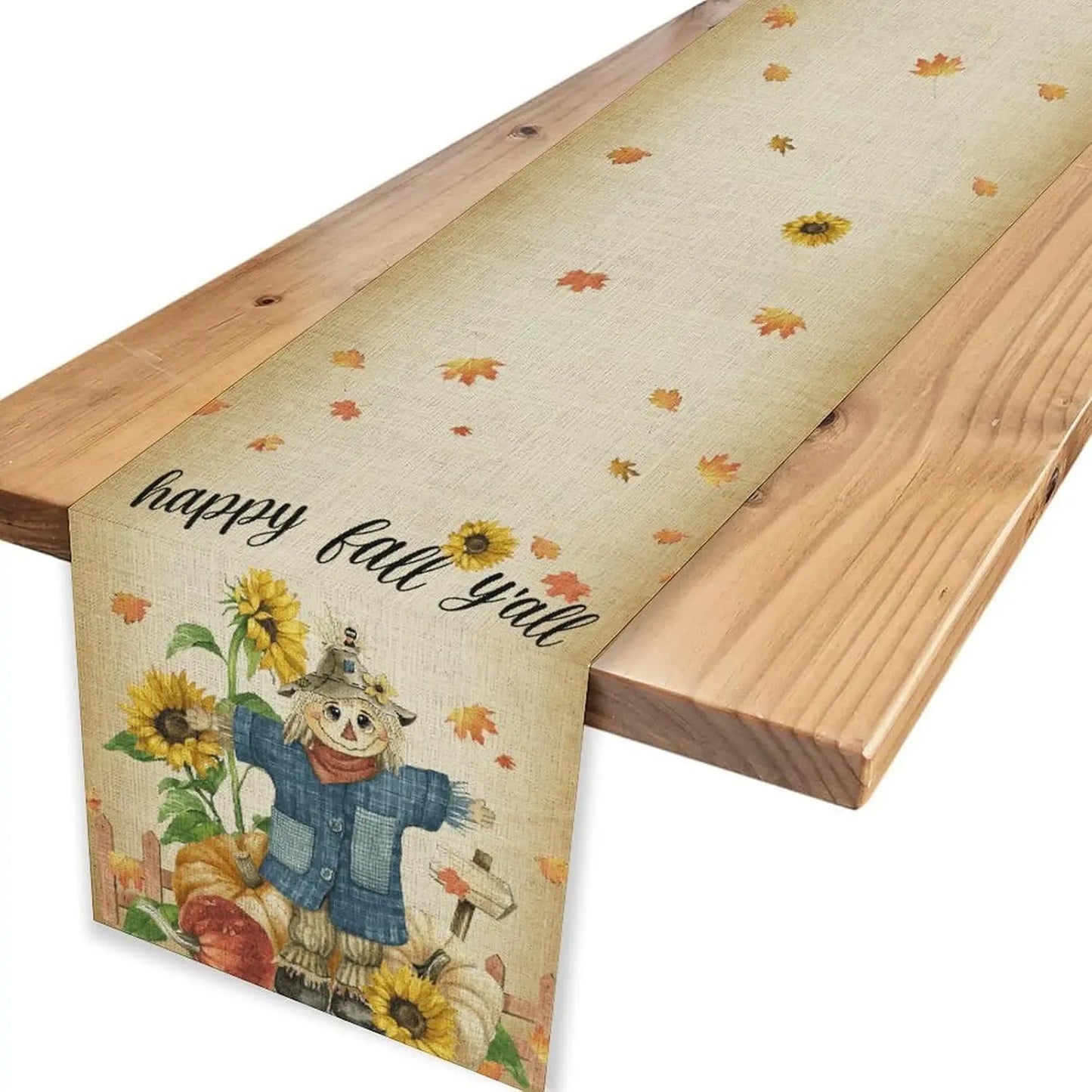 Fall Sunflower Scarecrow Maple Leaf Linen Table Runner Party Decor Autumn Harvest Kitchen Dining Table Runner Thanksgiving Decor