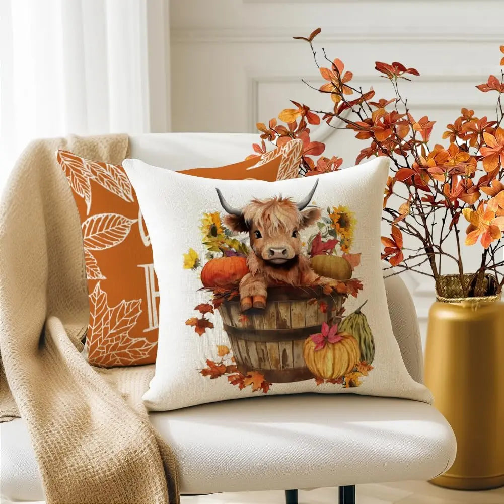 Fall Pillow Covers Set of 4 Highland Cow Autumn Decor Farmhouse Throw Cushion Cases for Couch Outdoor Thanksgiving Pumpkin