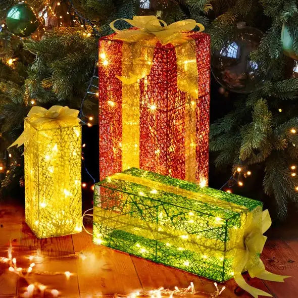 VINGLI Lighted Gift Boxes Set Of 3, Pre-lit Nestable Present Boxes Lighted Holiday Displays