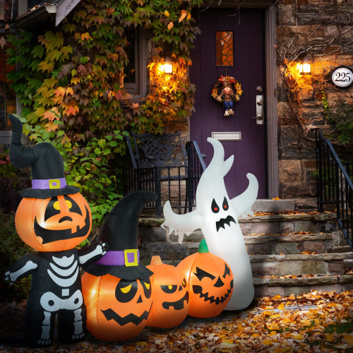 HOMCOM 7.5ft Halloween Inflatables Pumpkin Ghost Family, Blow Up Halloween Decorations Outdoor LED Yard Display