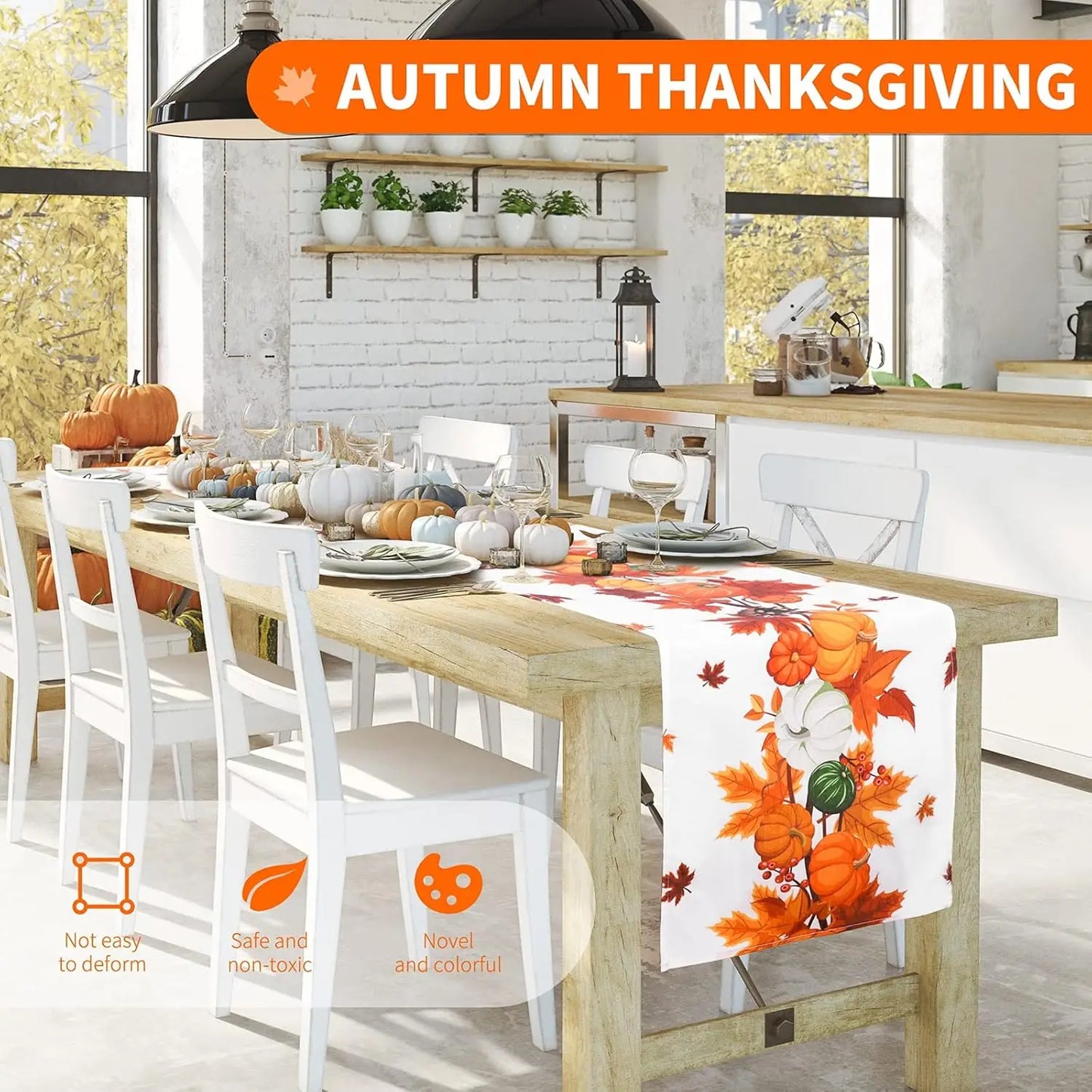 Fall Thanksgiving Pumpkins Linen Table Runner for Table Decoration Autumn Harvest Maple Leaves Table Runners Holiday Party Decor