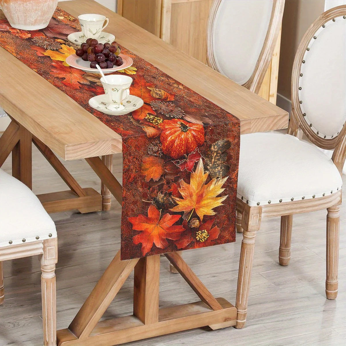 1pc Autumn Harvest Table Runner with Vibrant Fall Leaves and Pumpkins Design, for Thanksgiving Dinner Parties, Farmhouse Style