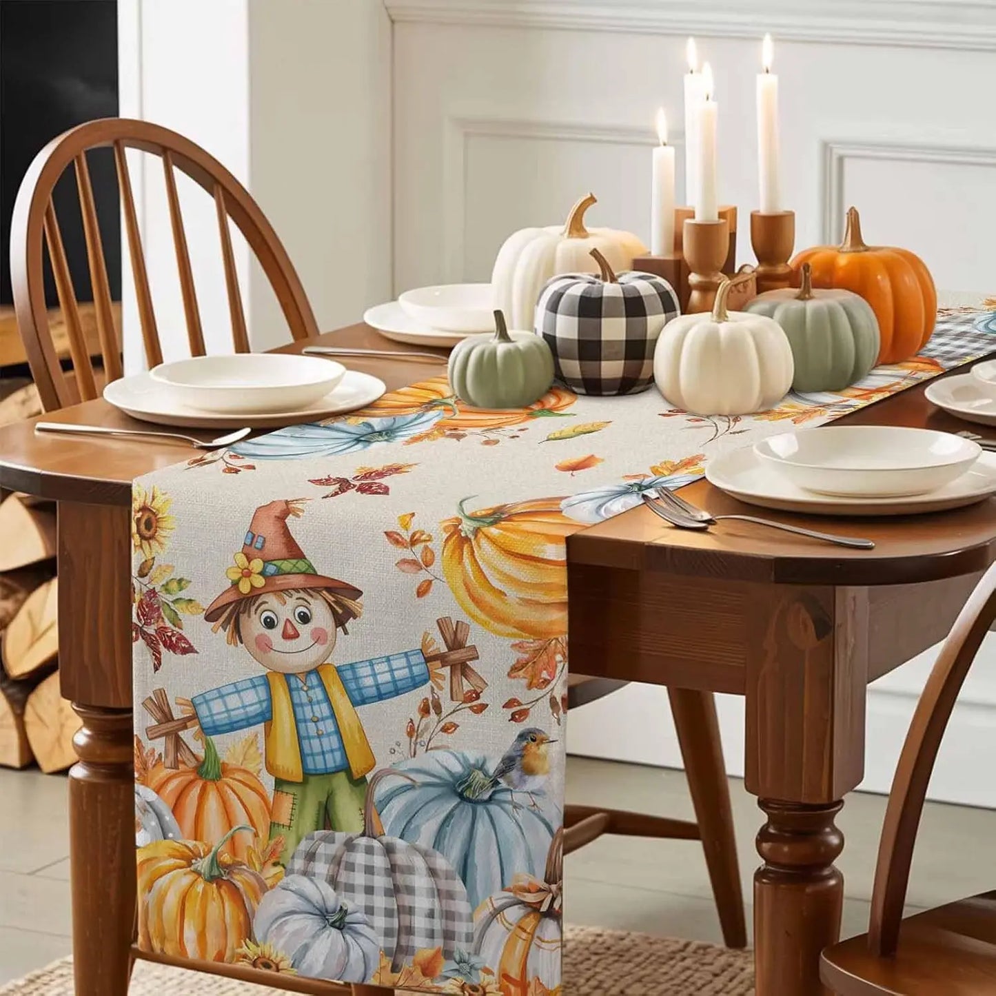 Fall Harvest Pumpkin Straw Man Table Runner Thanksgiving Decoration Washable Autumn  Kitchen Dining Table Runner for Table Decor