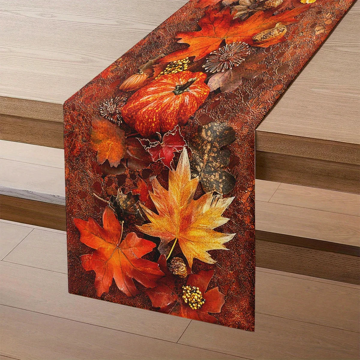 1pc Autumn Harvest Table Runner with Vibrant Fall Leaves and Pumpkins Design, for Thanksgiving Dinner Parties, Farmhouse Style