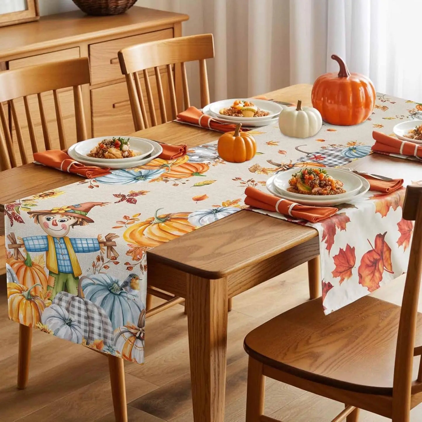 Fall Harvest Pumpkin Straw Man Table Runner Thanksgiving Decoration Washable Autumn  Kitchen Dining Table Runner for Table Decor