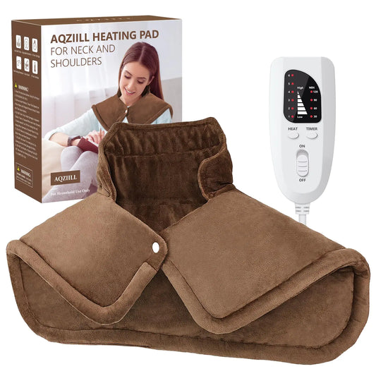 Aqziill Heating Pad for Neck and Shoulders - AQZIILL Brown Large Neck Heating Pad with 6 Heat Settings 4 Timer Settings Auto Off - Heated Neck Wrap for Neck Shoulder Pain - Gifts for Women Men Mom Dad