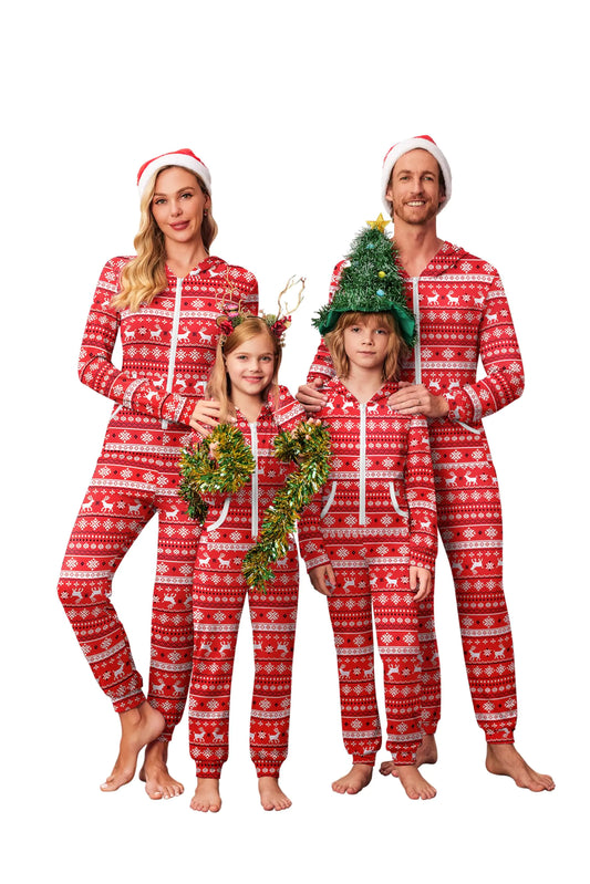 Ekouaer Christmas Matching Family Onesie Pajamas Hoodie One Piece Pajamas Zipper Thermal Sleepwear with Pockets Family Red Elk Print 5-6Y
