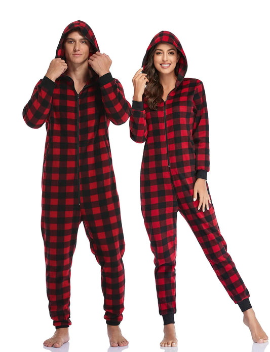 COLORFULLEAF Couples Matching Christmas Pajamas for Family Hoodie Plaid Fleece Onesie Full Zipper Jumpsuits(Mens L)