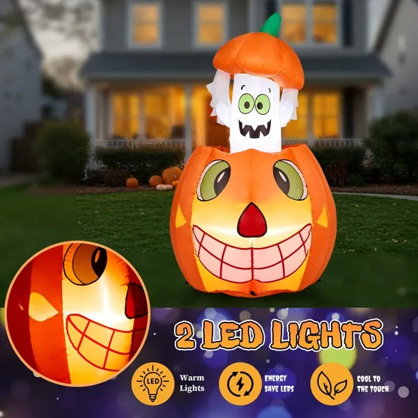 2.8 FT Halloween Inflatables Animated Pumpkin Ghost, Outdoor Decorations Blow Up Yard Decor With Built-in LEDs For Lawn Decor
