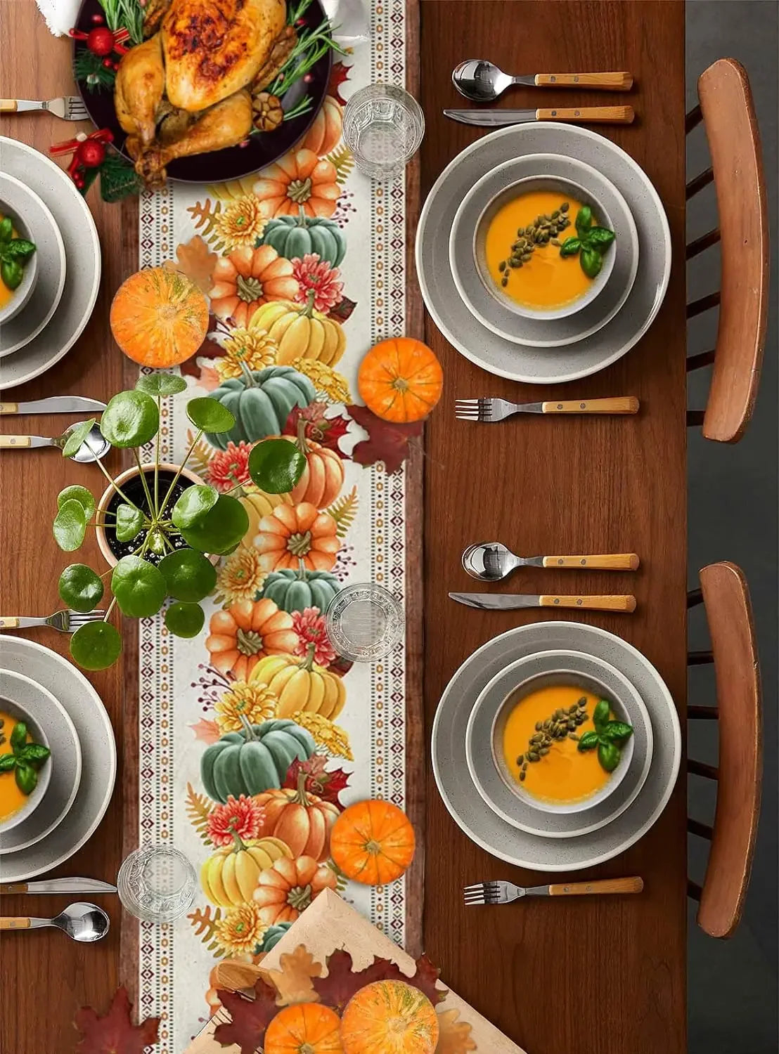 Southwest Aztec Fall Harvest Pumpkins Flower Table Runner Party Decor Reusable Kitchen Dining Table Runner Thanksgiving Decor