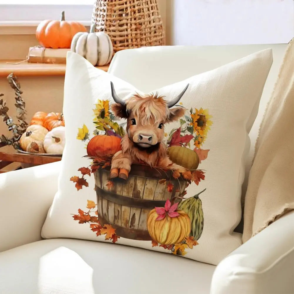 Fall Pillow Covers Set of 4 Highland Cow Autumn Decor Farmhouse Throw Cushion Cases for Couch Outdoor Thanksgiving Pumpkin