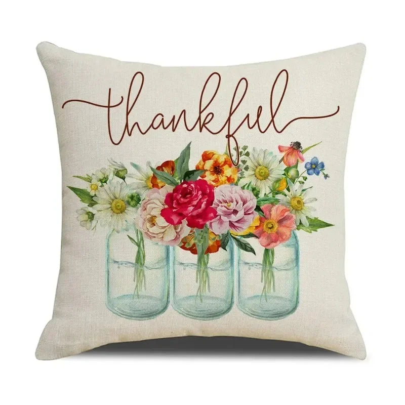 Fall Pumpkin Cushion Covers 18x18 Inch Farmhouse Decor Thanksgiving Buffalo Check Linen Throw Pillow Covers Happy Thanksgiving