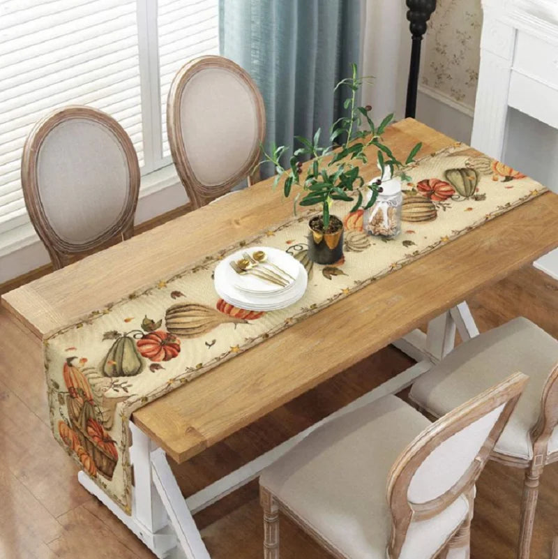 Fall Pumpkin Linen Table Runner, Autumn Harvest Thanksgiving Farmhouse Tabletop Collection, Cute Table Runner For Kitchen Decor