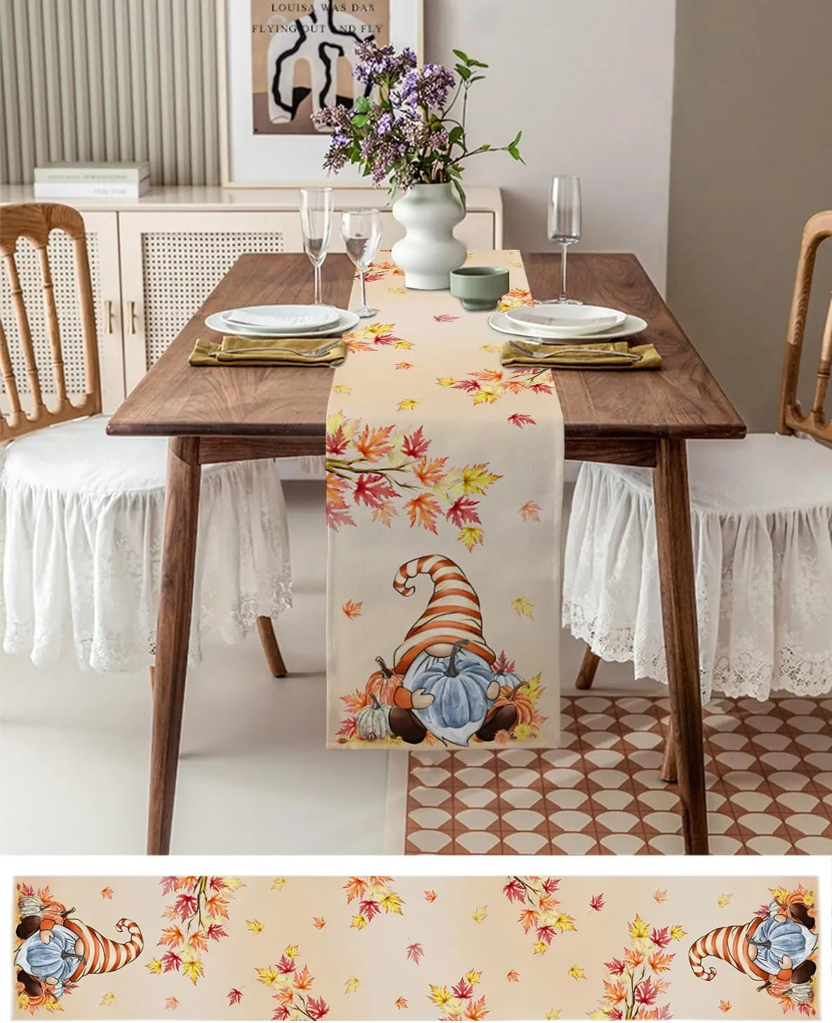 Fall Harvest Gnome Pumpkin Maple Leaves Table Runner Party Decor Reusable Kitchen Dining Table Runner Thanksgiving Decorations