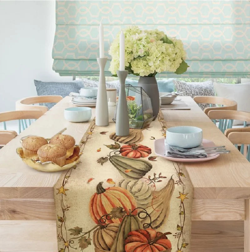 Fall Pumpkin Linen Table Runner, Autumn Harvest Thanksgiving Farmhouse Tabletop Collection, Cute Table Runner For Kitchen Decor