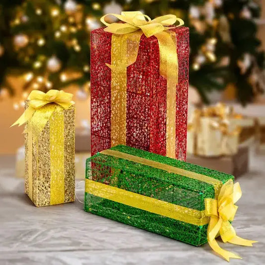 VINGLI Lighted Gift Boxes Set Of 3, Pre-lit Nestable Present Boxes Lighted Holiday Displays