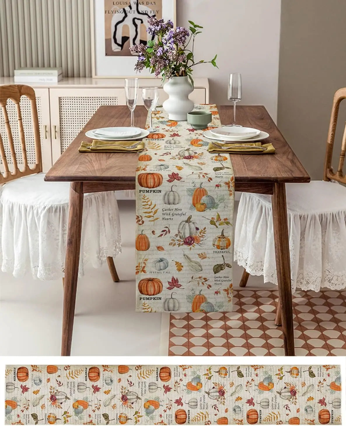 Fall Thanksgiving Pumpkin Maple Leaves Linen Table Runner Farmhouse Harvest Rustic Kitchen Dining Table Runner Party Decorations