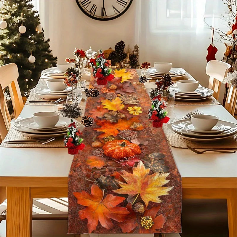 1pc Autumn Harvest Table Runner with Vibrant Fall Leaves and Pumpkins Design, for Thanksgiving Dinner Parties, Farmhouse Style