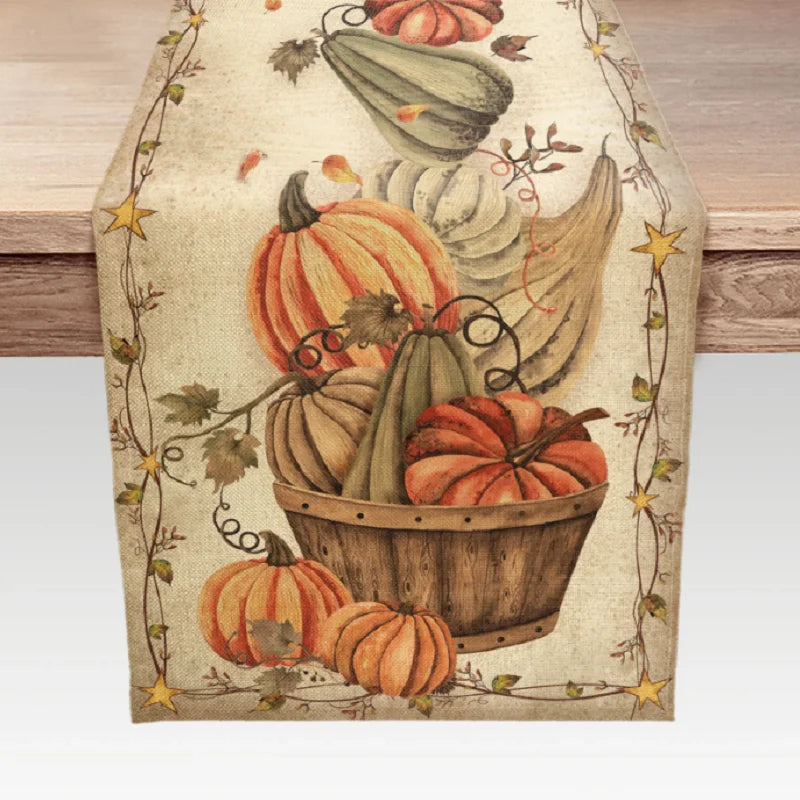 Fall Pumpkin Linen Table Runner, Autumn Harvest Thanksgiving Farmhouse Tabletop Collection, Cute Table Runner For Kitchen Decor