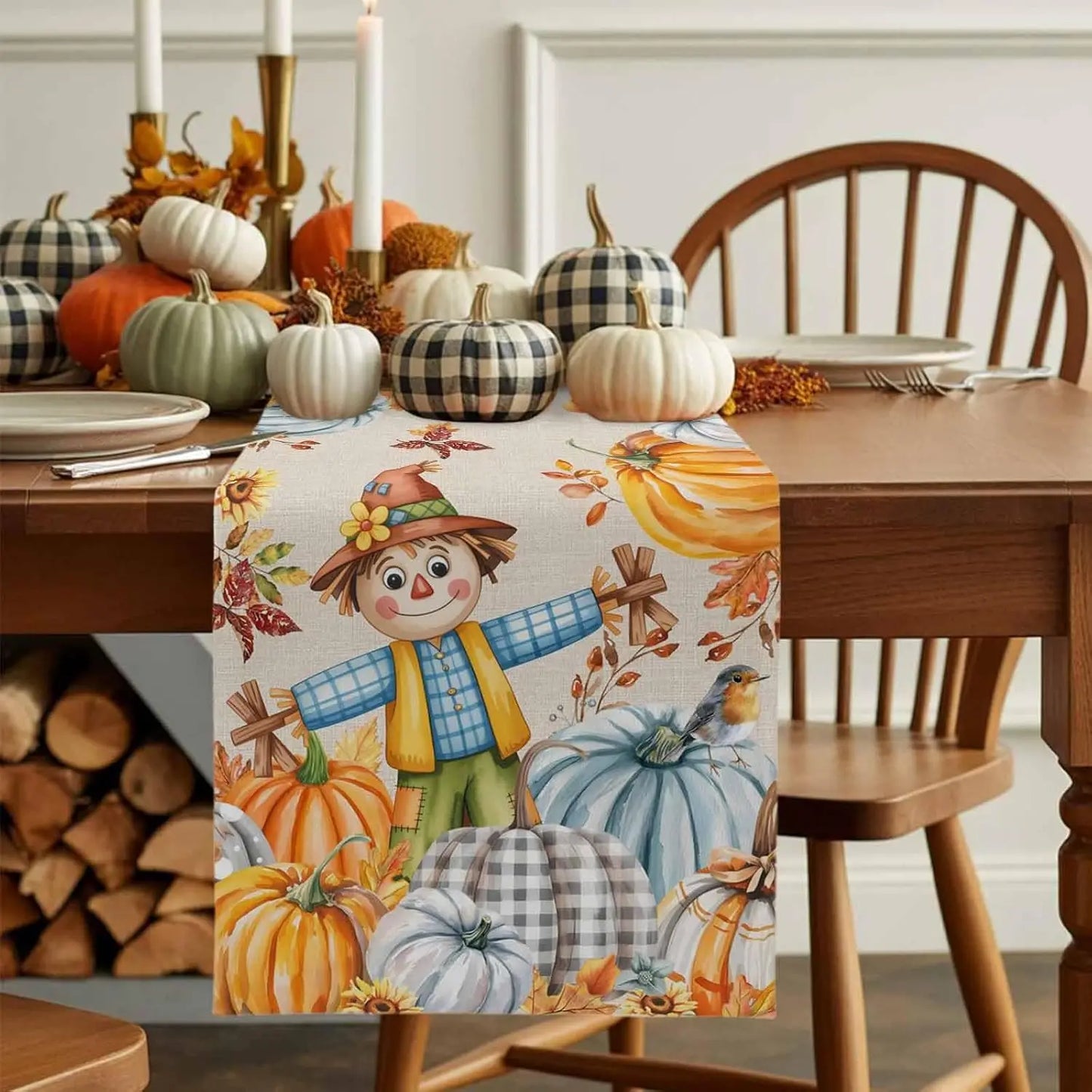 Fall Harvest Pumpkin Straw Man Table Runner Thanksgiving Decoration Washable Autumn  Kitchen Dining Table Runner for Table Decor