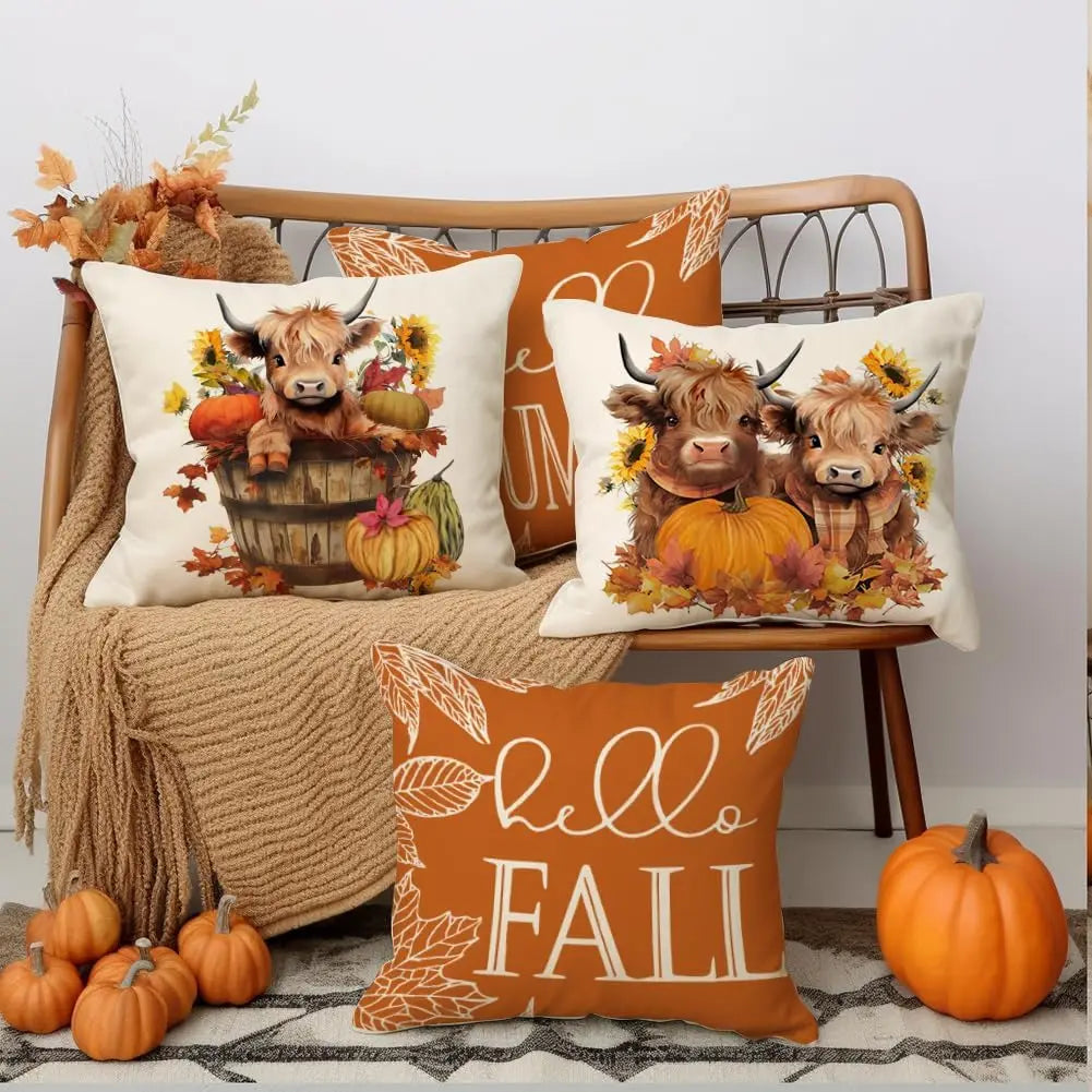Fall Pillow Covers Set of 4 Highland Cow Autumn Decor Farmhouse Throw Cushion Cases for Couch Outdoor Thanksgiving Pumpkin