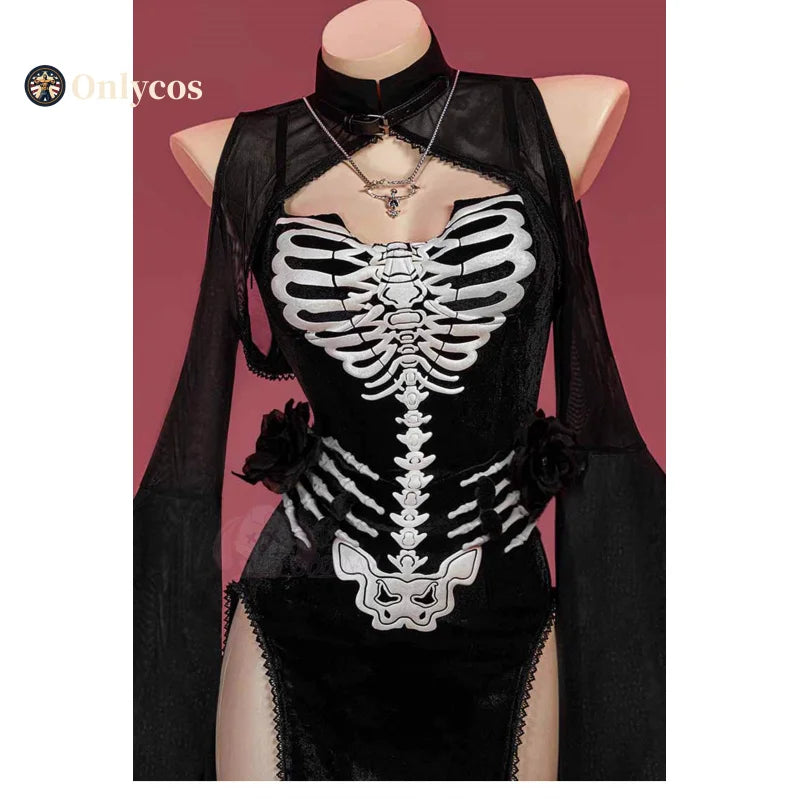 Skeleton Poem Dark Gothic Dress Cosplay Costume Uniform Halloween Carnival Party Christmas Play Role Clothes for Women Onlycos