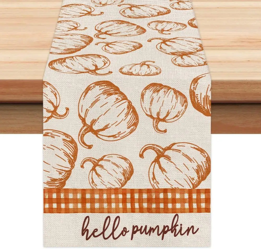 Fall Pumpkin Linen Table Runner, Autumn Harvest Thanksgiving Farmhouse Tabletop Collection, Cute Table Runner For Kitchen Decor
