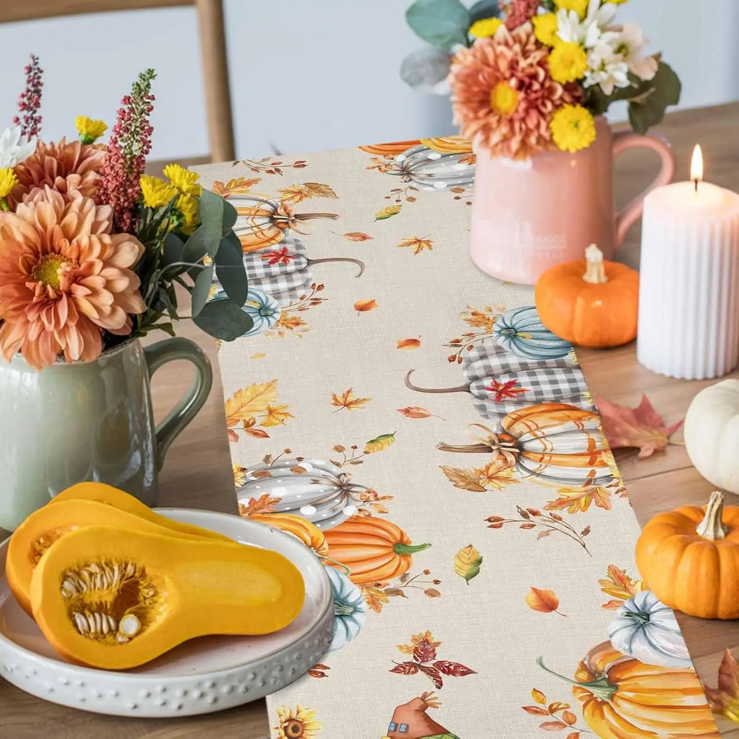 Fall Harvest Pumpkin Straw Man Table Runner Thanksgiving Decoration Washable Autumn  Kitchen Dining Table Runner for Table Decor