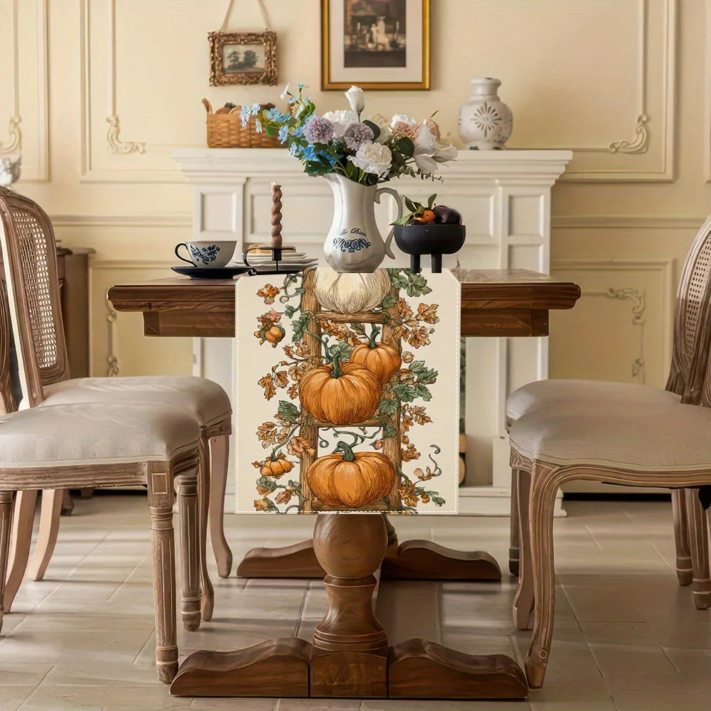 1Pc Fall Table Runner - Pumpkin, Orange and Brown Fall Decor with Ladder Design, Fits Restaurant, Home, Harvest Party, Pastoral Market.