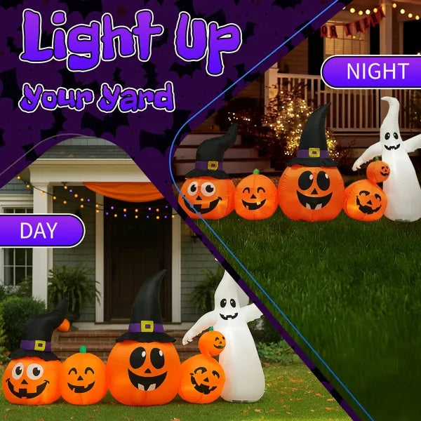 8FT Long Halloween Inflatables Pumpkins Ghost Outdoor Decorations, Blow Up Yard Decoration With Built-in LEDs