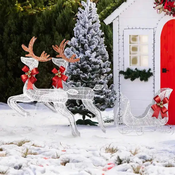 3-Piece Lighted Set Of 2 Reindeer & Sleigh Lighted Holiday Displays