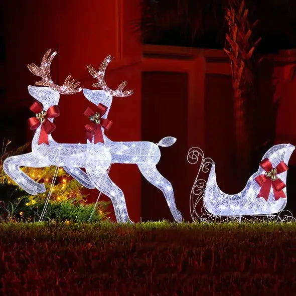 3-Piece Lighted Set Of 2 Reindeer & Sleigh Lighted Holiday Displays