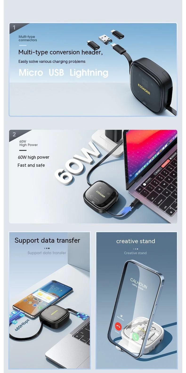 60W Fast Charging Multi-Function Data Cable Storage Box