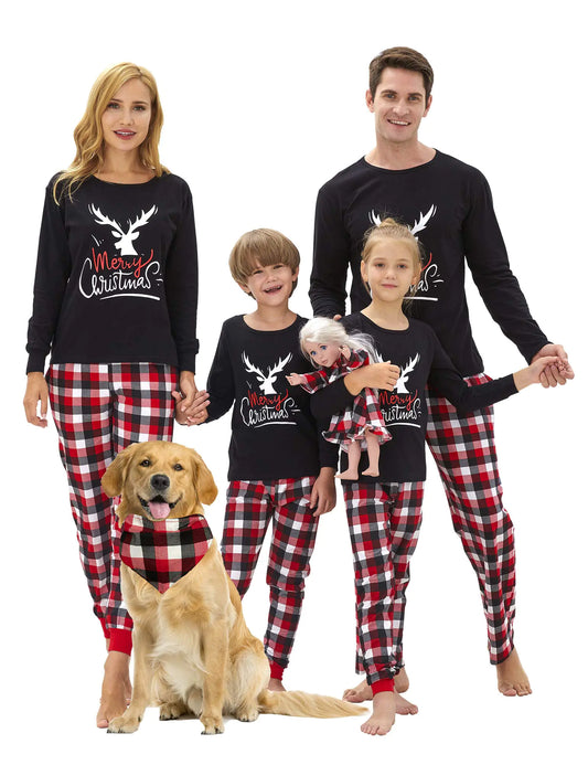 Tebbis Family Christmas PJS Matching Set Cotton Reindeer Plaid Pajamas Pet Bandana M