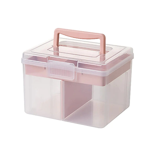 FOREVERIE Small Portable Plastic Storage Box for Beauty Ornaments Hair Nail Accessories Cosmetic Case with Handle & Removable Tray & a Divider Sewing Box Organizer Kids Art Box (Clear & Pink)